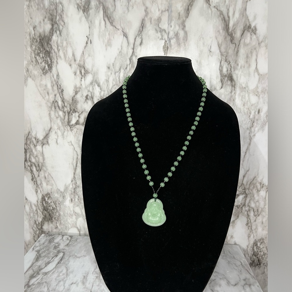 JADE  light Green Hand Carved Maitreya Buddah Pendant Necklace